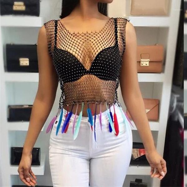 

diamonds mesh cropped tank women summer cover up bikini see through rhinestone net party club crop female #t2g1, Black;white