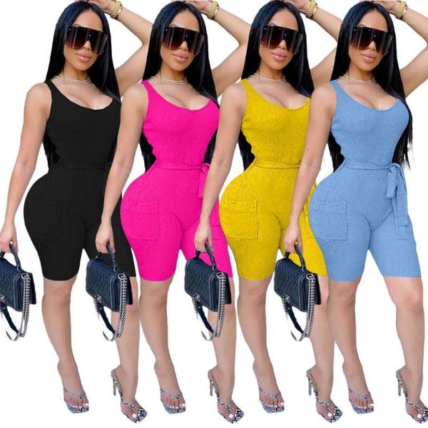 

women solid jumpsuits 2020 summer square collar sleeveless skinny bodycon short rompers with belt workout exercise outfits1, Black;white