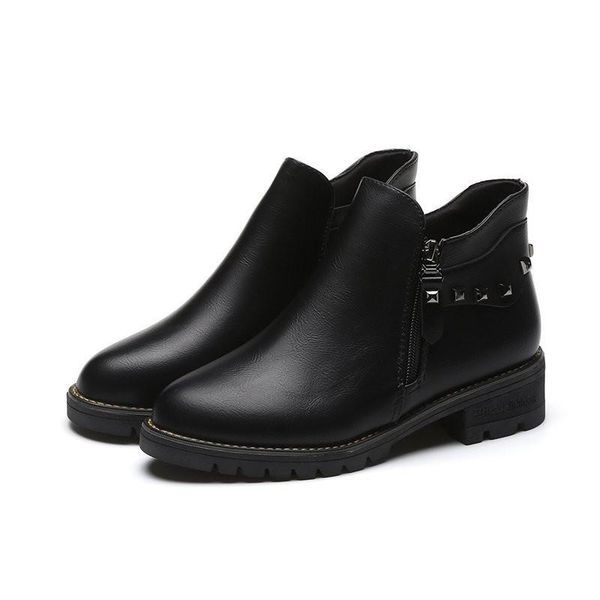 

black square heels womens winter boots non-slip warm fur ankle boots women leather for woemn shoes famale zipper