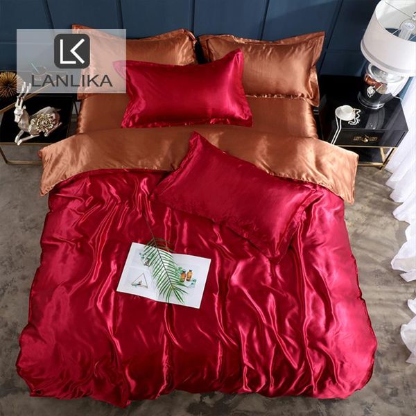 

lanlika wine red+coffee double color luxury bedding set family double size duvet cover flat sheet single bed linen set