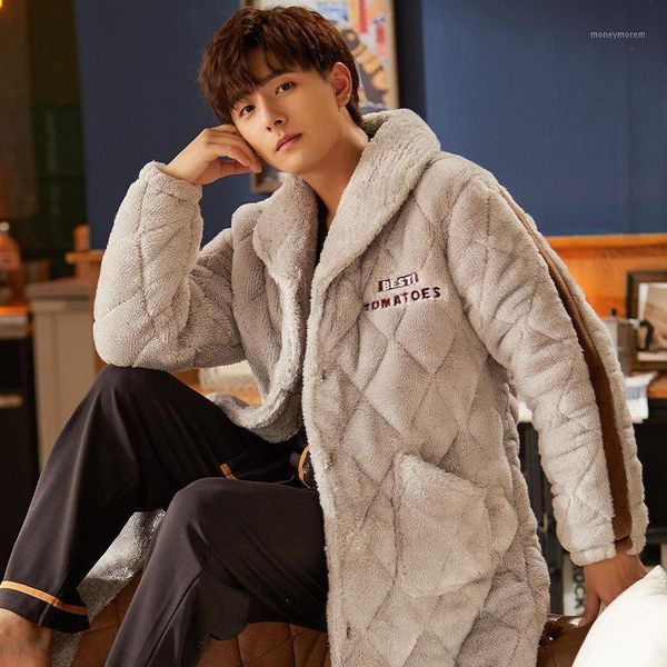 

2021 new winter men's three-layer thick bathrobe male large size coral fleece home wear warm dressing gown kimono robes1, Black;brown