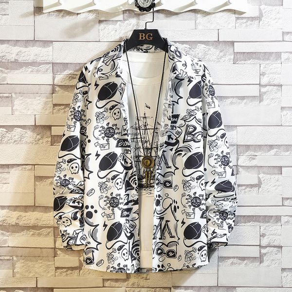 

2021 new men's print long shirt loose streetwear fashion spring more oversized m-5xl 6py0, White;black