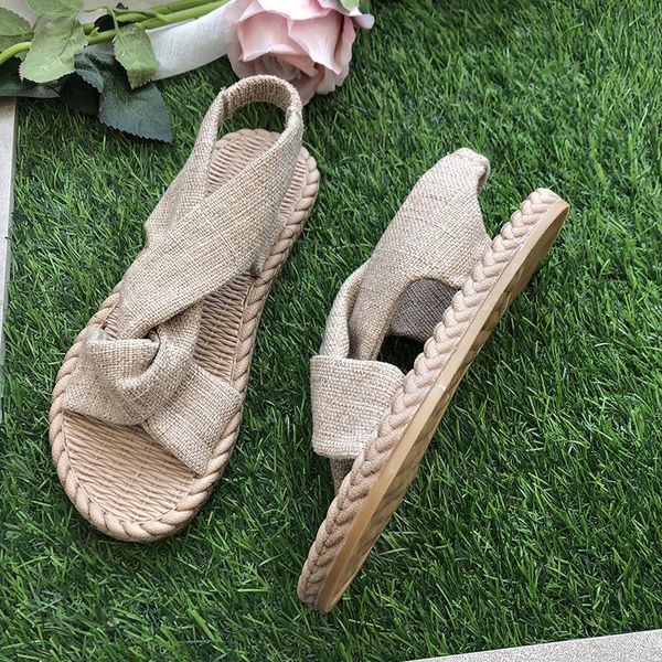 

sandals 2021 women's summer wear straw linen roman elastic band cross flat shoes, Black