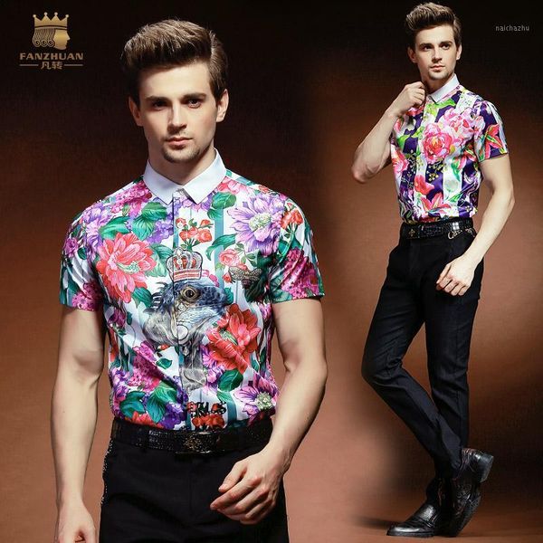 

fanzhuan new fashion casual 2020 male men's ma short sleeved summer slim printed shirt blouse floral shirts 8120761, White;black