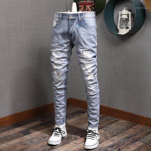 

italian style fashion men jeans elastic light blue destroyed ripped denim punk trousers streetwear designer slim hip hop pants1