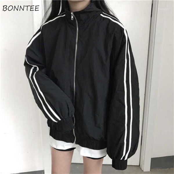 

jackets women casual long sleeve striped stand collar zipper thick womens basic jacket korean harajuku style ulzzang pockets1, Black;brown