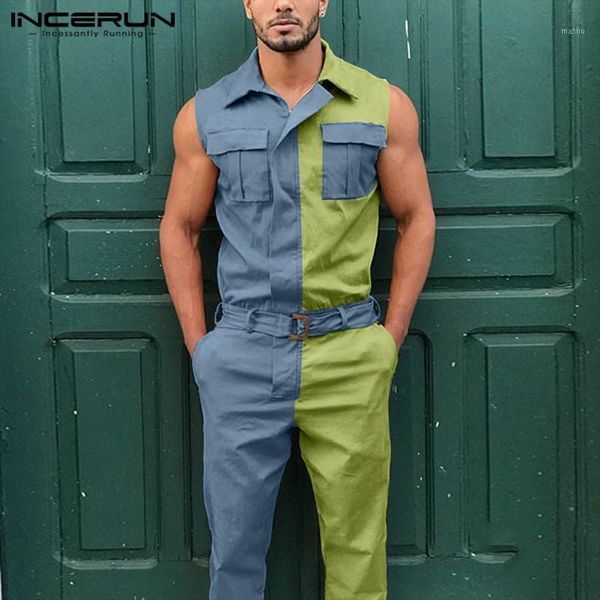 

man fashion multi pocket cargo overalls men sleeveless jumpsuits casual patchwork zipper rompers causal pants incerun plus size1, Black