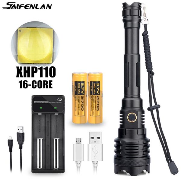

16-core xhp110 tactical high power led torch lamp usb rechargeable 21700 battery zoom camping powerful torch