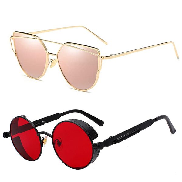

2pcs women men sunglasses cateye steampunk sun glasses metal frame driving fishing outdoor uv400 vintage retro for mens, White;black