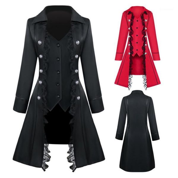 

medieval coats women vintage victorian costume retro double breasted lace trench overcoats slim steampunk vests female1, Tan;black
