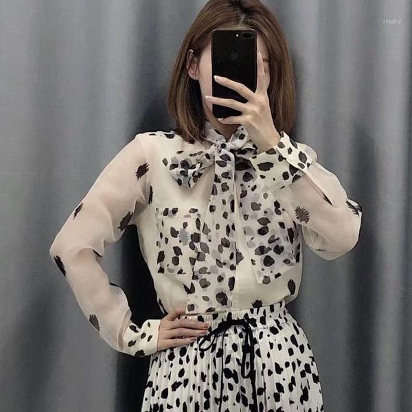 

women shirt spring 2020 new fashion shine through organza bow collar blouse female sunscreen long sleeve shirts1, White