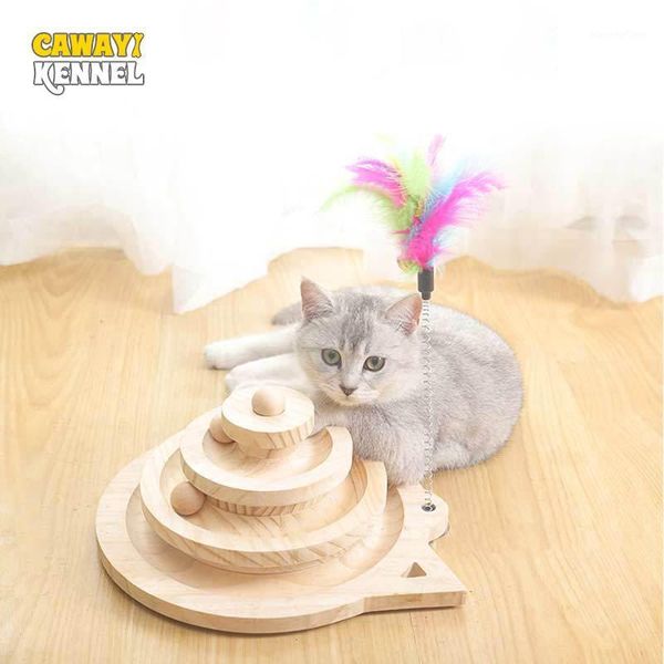 

cawayi kennel solid wooden pet cats toys loop track with wooden balls three-layer scraper board funny cat turntable d21061