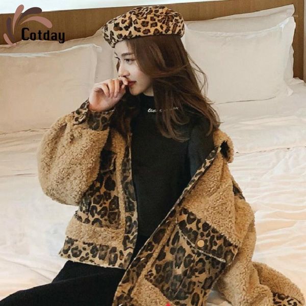 

cotday thick leopard turn-down collar wool loose streetwear pocket 2020 sale women wool blends autumn winter warm jacket coat1, Black