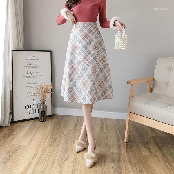 

skirts autumn winter women's a-line plaid woolen korean fashion elegant midi long woman skirt ladies high waist vintage faldas1, Black