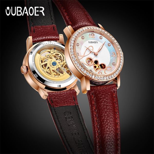 

oubaoer skeleton watches women fashion bracelet watch ladies luxury genuine leather automatic mechanical watch relogio feminino t200420, Slivery;brown