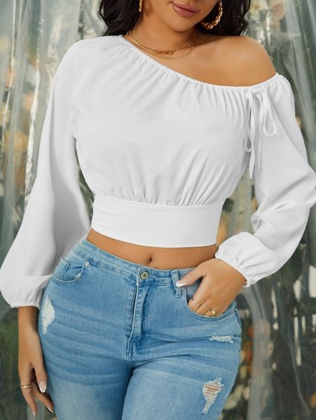 

sxy asymmetrical neck lantern sleeve knot detail blouse e6hp#, White