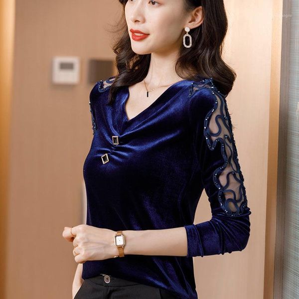 

fall spring womens v neck hollow out rhinestone black wine red navy velvet t shirt , winter 3xl velour shirts for woman clothes1, White