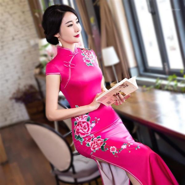 

ethnic clothing ladies satin long cheongsam dresses purple elegant flowers evening banquet tang chinese wedding dress qipao1, Red
