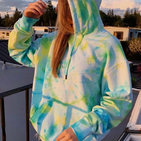 Tie Dye Hoodies Mulheres de Manga Longa Cordão Mulheres Solta Casual Com Capuz Moletons Primavera Outono Lady Pullovers LJ201103