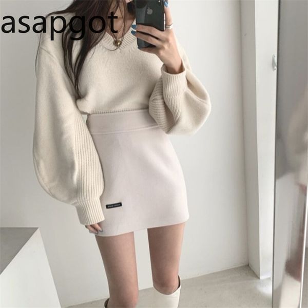 

korean chic elegant v-neck back lace up irregular lantern sleeve knitted sweater high waist bag hip skirt women fashion casual 220314, White