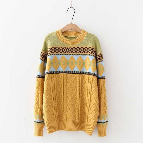 

women autumn sweater with patchwork floral print long sleeve knitted pullover femme casual loose thick winter yellow sweater, White;black