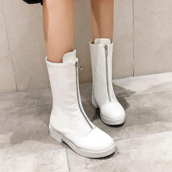 

british cosplay style round toe mid-calf boots fashion zipper white black low heel thick motorcycle boots women's shoes big size1