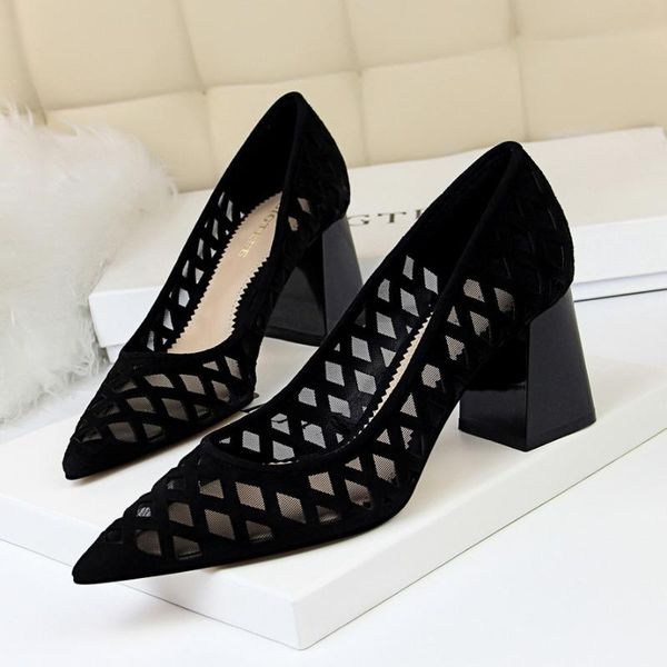 

182-1 retro fashion nightclub high heel thick heel shallow cut pointed mesh single shoes women's shoes, Black