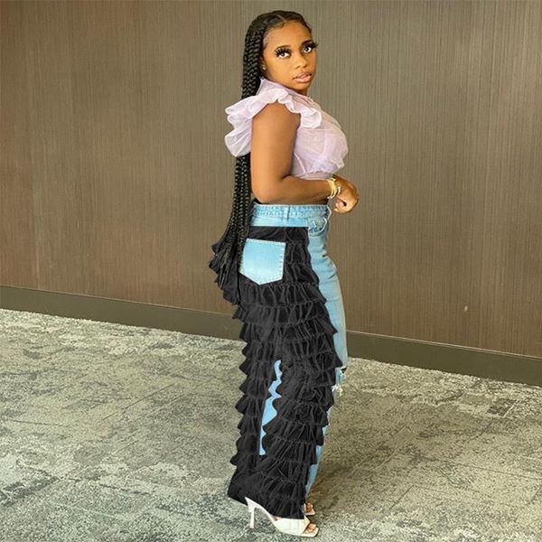 

mesh sheer ruffles jeans fall clothing women pants elastic high waist club trouser fashion streetwear denim pants, Black;white