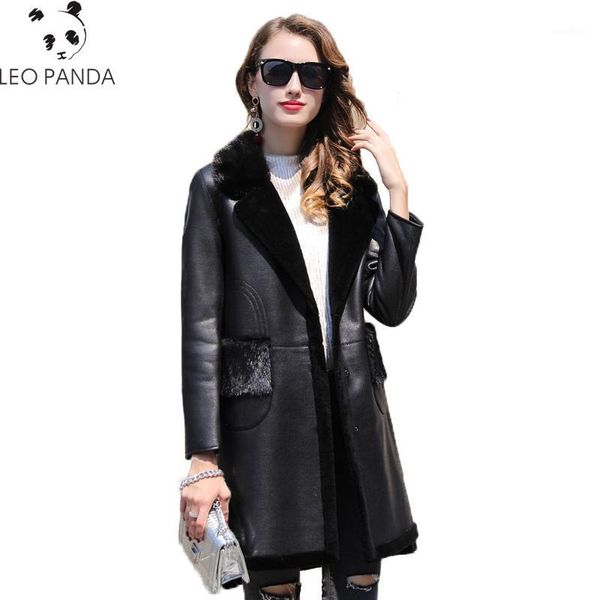 

winter new women ladies long sleeve thicken warm turn-down collar casual real sheepskin coats female real leather coat cy3451, Black