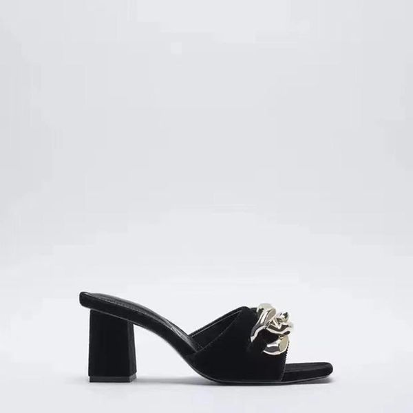 

2021 summer new square head with women's shoes metal buckle black chain velvet with thick and high heel back empty slippers