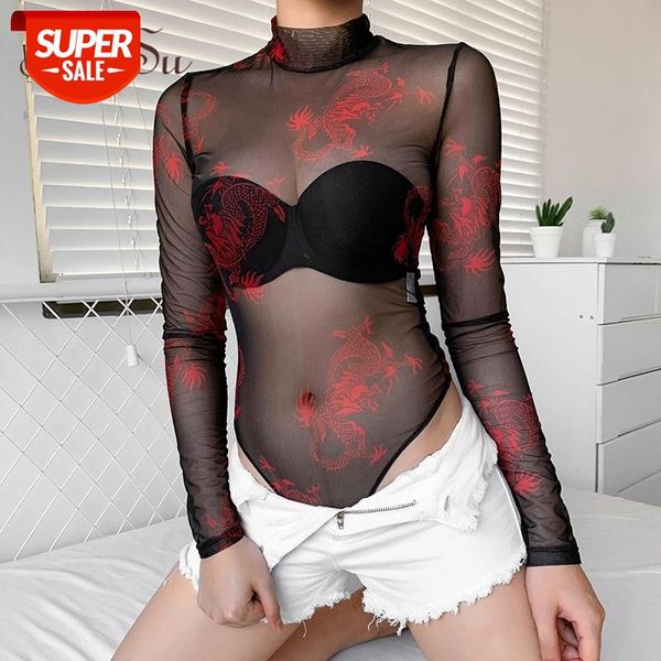 

artsu autumn dragon black mesh body woman transparent long sleeve bodysuit bodycon jumpsuit ladies streetwear asju20497 #uo0o, Black;white