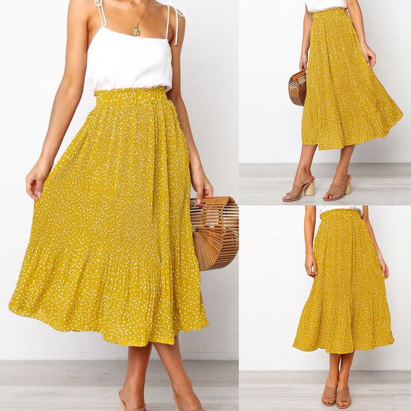 

trendy fashion party cocktail summer yellow women high waist polka dot printed pleated skirt chiffon elegant long skirt y1214, Black
