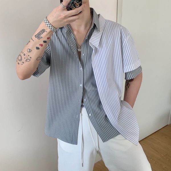 

2021 New Fashion in Patchwork Layer Contrast Striped Color Comfortable Resistant to Loose Neutral Wrinkling Shirt with Short Sleeves. X5PF, Black