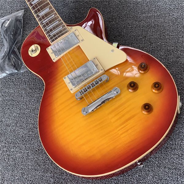 

in stock tobacco sunburst jimmy page electric guitar tiger flame maple cream pickguard, cream body binding guitars guitarra