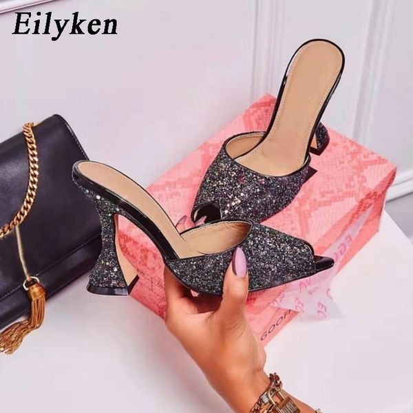 

eilyken summer new shoes woman lycra fluorescent mules glitter peep toe slides high heel slippers slip on fashion sandals y200423, Black
