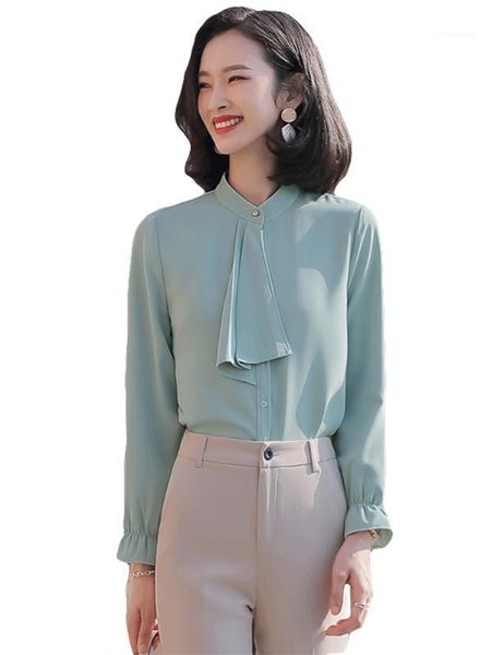 

new women stand collar yellow shirt blouse solid full lantern sleeve girl's office ladies plus size 4xl white green 1
