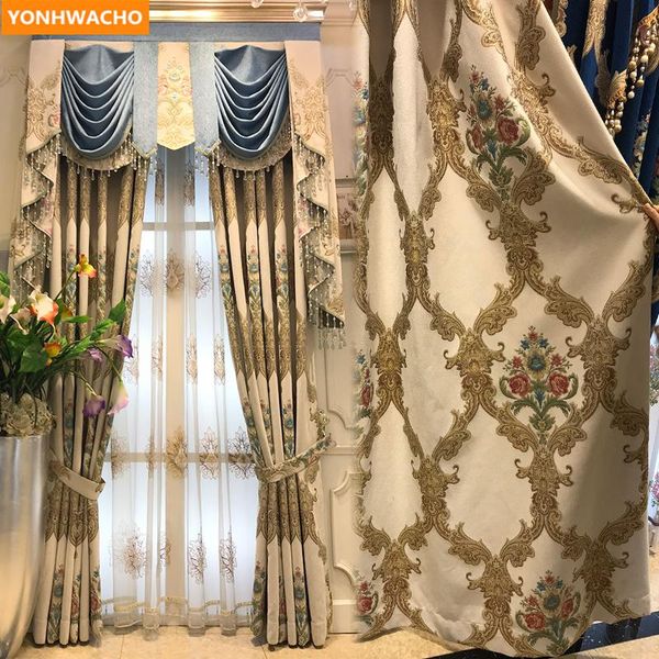 

custom curtains luxury american thickening beige chenille living room high-end cloth blackout curtain tulle valance drape n982