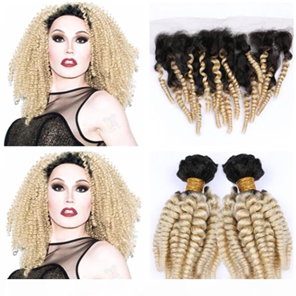 

blonde ombre peruvian aunty funmi weaves human hair 2bundles with frontal closure #1b 613 ombre bouncy curly virgin hair full lace frontal, Black