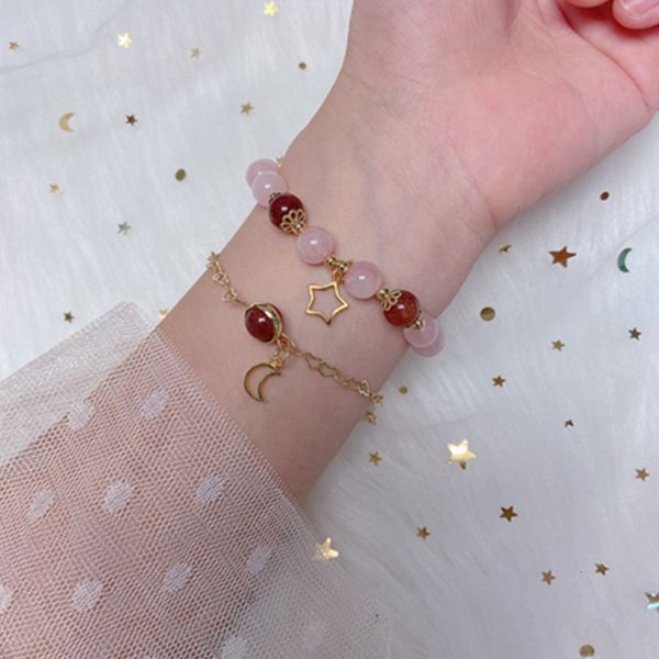 

bracelets beaded natural strawberry crystal powder summer wind bracelet girl 14k gold peach blossom girlfriend diy gift, Golden;silver