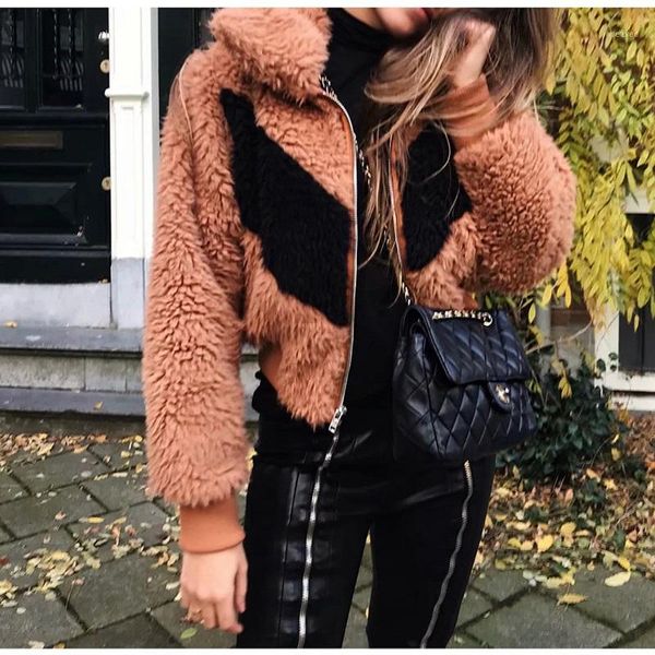 

patchwork women winter bomber jacket with zipper oversized coats 2019 puffer outerwear with fur casual streetwear short coats1, Black;brown