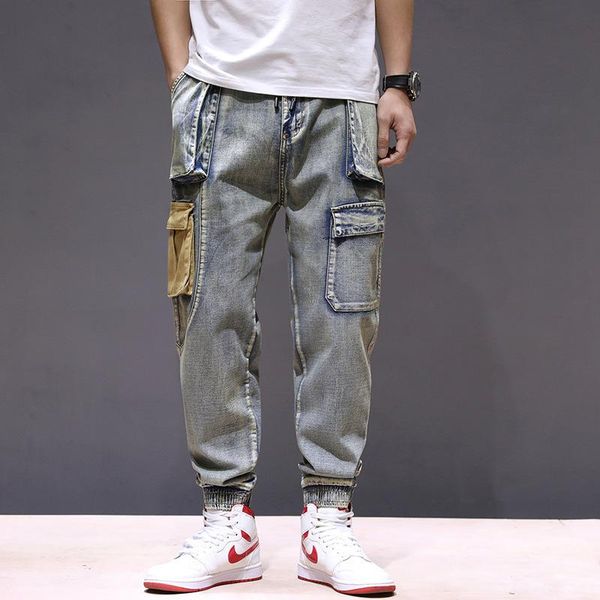

2020 autumn winter fashion men jeans high street punk style jogger pants big pocket ankle banded cargo pants hip hop jeans men, Blue