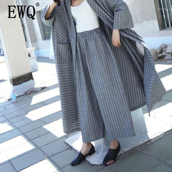 

ewq] 2020 spring autumn new arrivals high waist striped pattern pockets women casual loose wide leg full length pants ay749021, Black;white