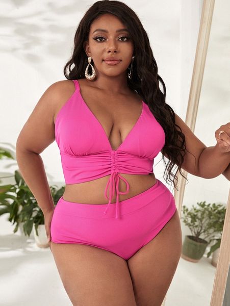 

plus rib drawstring bikini swimsuit d03x#, Black