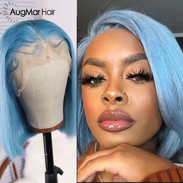 

augmar 13x4 lace front human hair wig blue color bob wig 130% glueless pre plucked with baby hair remy straight lace front wig, Black;brown