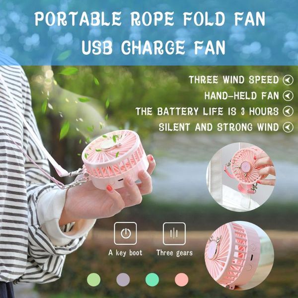 

new hanging neck mini cooling portable rope fold fan usb charge fan speed adjustable 3 speed hanging fans summer fan#g30