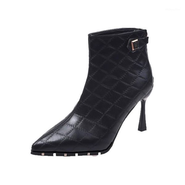 

boots 2021 diamond check pattern high-heeled women's leather shoes1, Black