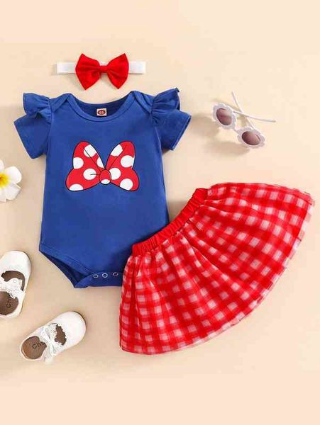 

baby bow print ruffle trim bodysuit & plaid skirt with headband she, White