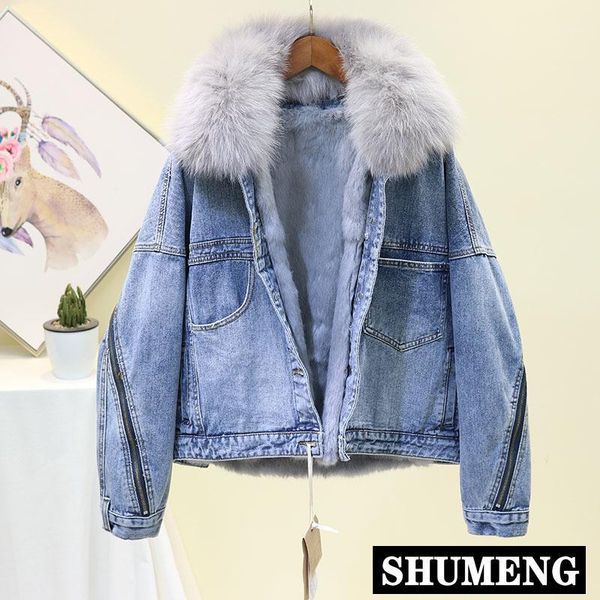 

new winter denim jackets zipper decoration short jeans coat real fur collar fur inner warm jacket women thick overcoats1, Black