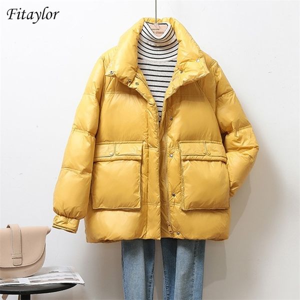 

fitaylor 2020 new winter women stand collar loose down coat 90% white duck down short parkas big pocket snow warm thick outwear lj201127, Black