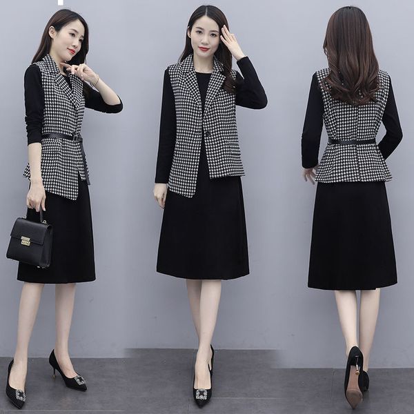 

2021 new -5xl plus size feminino elegante de duas peas inverno colete e manga mdio vestidos longos 9r5h, Gray
